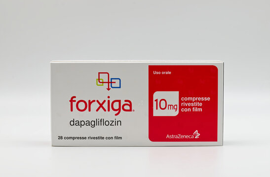 Bologna - Italy - April 3, 2026: A box of Forxiga 10 mg tablets containing dapagliflozin manufactured by Astrazeneca for treating diabetes and heart failure.