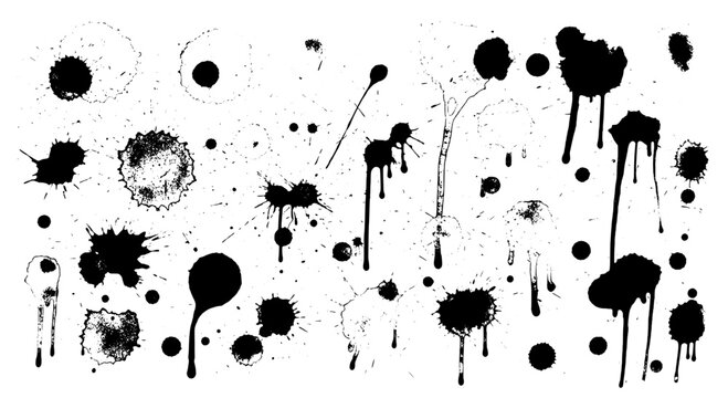 Inkblots black grunge set with splatters and drips on white background featuring ink, splashes, stains with spots and blots elements for drops,