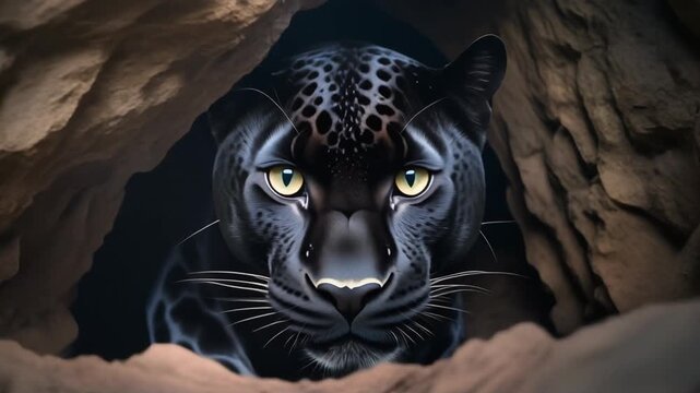 Black Panther Peering from Dark Cave with Intense Yellow Eyes