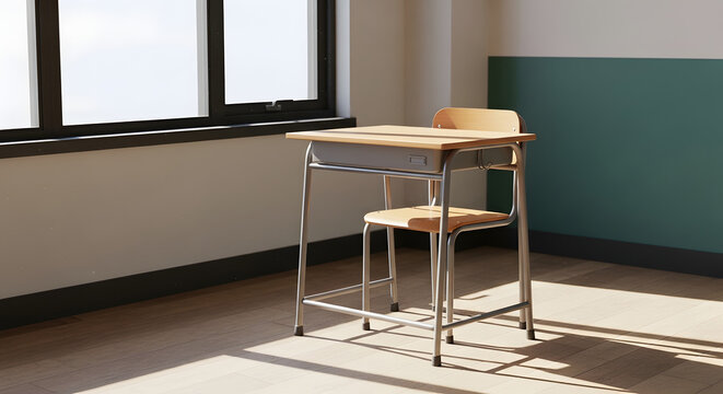 Single empty wooden desk and chair in modern bright classroom beside window symbolizing solitary learning and educational environment