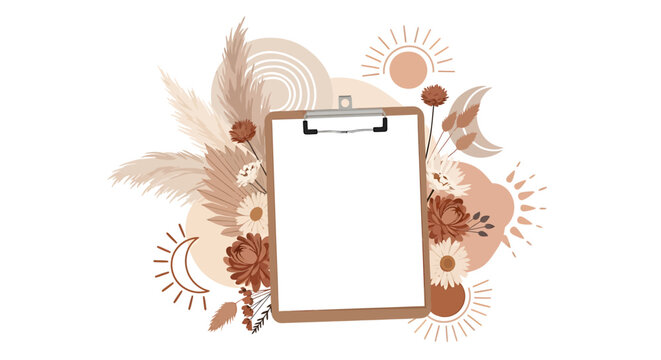 Brown clipboard with decorative floral design.