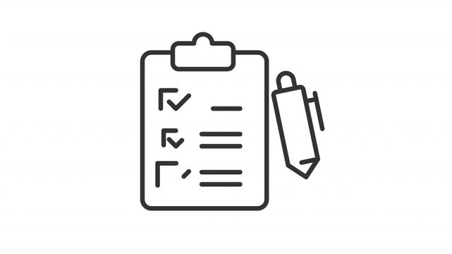 Animated survey questionnaire line icon. Clipboard with pen animation. Task management, check list. Project documentation. Outline element on white background. HD video with alpha channel