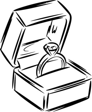 Hand Drawn of Diamond Engagement Ring in Open Jewelry Box White Background