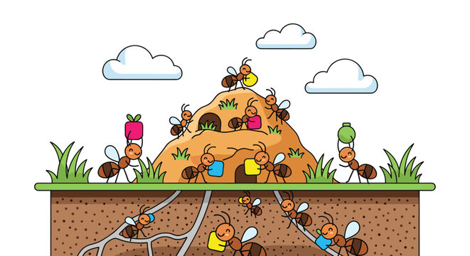 Cross-section of an ant colony shows busy ants building their nest, carrying food, and maintaining tunnels beneath a large anthill.