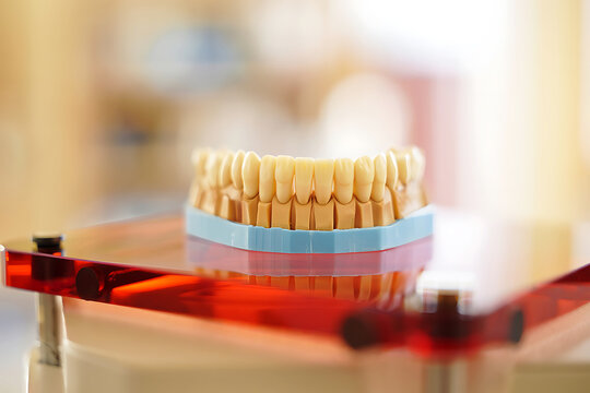 Dental model with yellow teeth on blue base and red stand artificial teeth dental anatomy