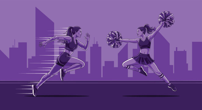 Energetic illustration captures a female runner sprinting alongside a cheerleader performing a jump with pom-poms against a city skyline.