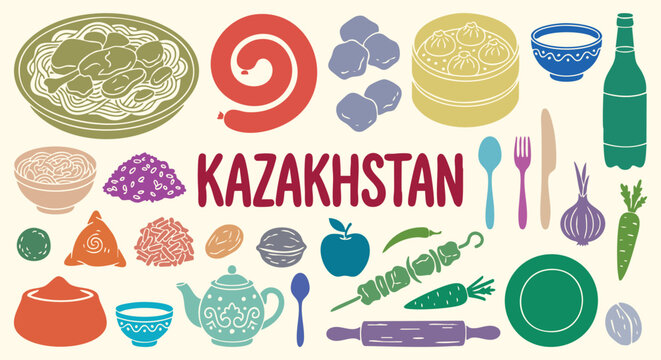 Kazakhstan traditional food icon set offering a colorful vector collection of beshbarmak, manti, and kazy. Grab this graphic design illustration for authentic restaurant menu branding.