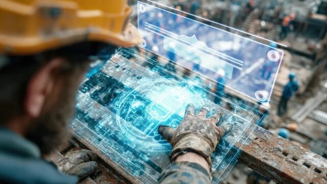 Construction Innovation: A construction worker is utilizing futuristic augmented reality technology, overlaying digital blueprints onto the physical world at the construction site.