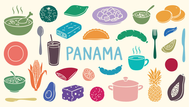 Panama traditional food Icon Set. Panamanian Food. colorful vector collection of empanadas, coffee, sausage, pineapple and avocado for a restaurant menu, party, and travel brochure.
