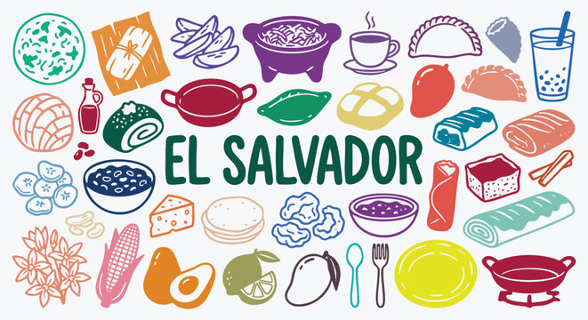 El Salvador traditional food Icon Set. Salvadoran Food. A colorful vector collection of pupusas, tamales, coffee, mango and plantains for a restaurant menu, party, and travel brochure.