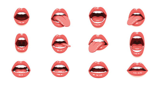 Large set of various mouth and tongue expressions including smiling, shouting, sticking out tongue, and showing teeth for character design.