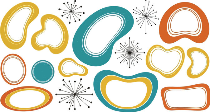 Mid-Century Modern Retro Shapes Set: 1950s Atomic Starbursts, Organic Amoeba Blobs, and Geometric Design Elements for Vintage Patterns and Decor