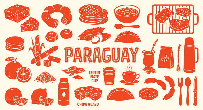 Traditional paraguay cuisine highlighting authentic south american food elements terere mate cup and delicious chipa guazu for ethnic restaurant menu travel guide and food blog vector design