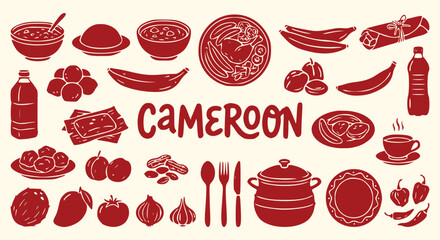 Traditional cameroon cuisine icon set highlighting authentic african national dishes fresh plantains and local spices for ethnic restaurant menu travel tourism brochure and vector design © MH HASIB