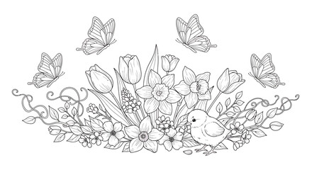 Fototapeta premium A whimsical floral arrangement with butterflies and a bird.