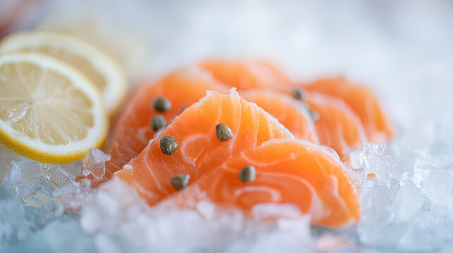 Close-up of smoked salmon slices on ice with capers and onion. menu design, packaging mockups, designed for food delivery and cloud-kitchen brand materials, supports restaurant marketing.