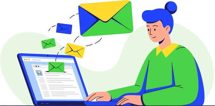 Office worker sending multiple emails from a laptop computer