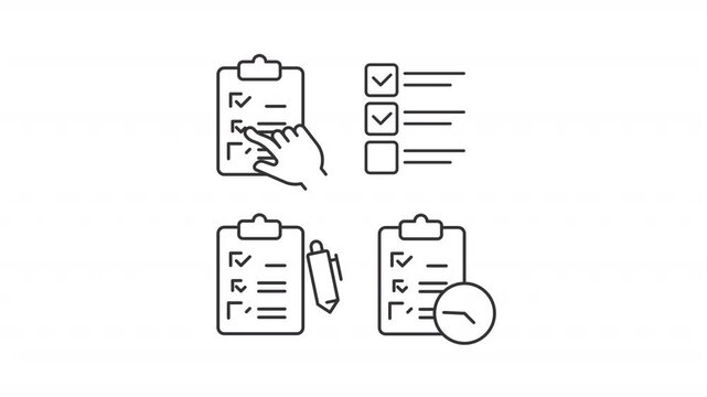Animated survey checklist line icons. Customer opinion animation set. Research method to gather information. Data analytics. Outline elements on white background. HD video with alpha channel