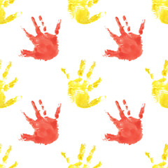 Fototapeta premium Seamless pattern, colorful kids handprints. Hand-painted watercolor illustration isolated on white. Playful and expressive design for children products, nursery decor, education, packaging, branding.