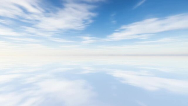 A serene landscape photograph of a vast, still body of water reflecting a blue sky with scattered white clouds