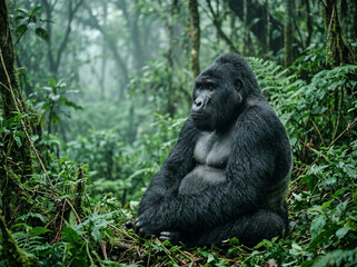 Naklejka premium AI generated photorealistic wildlife portrait mountain gorilla rainforest critically endangered conservation primate silverback intelligent