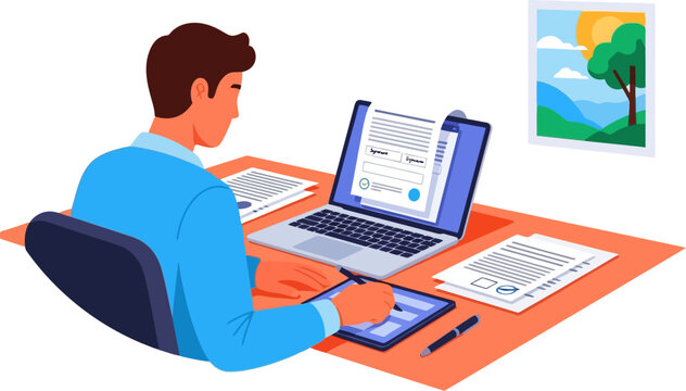 Professional signing a digital contract on a tablet next to a laptop and documents