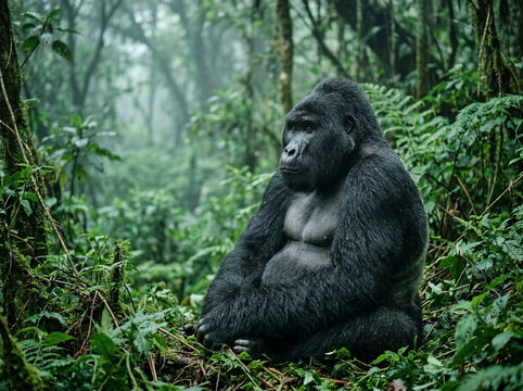 AI generated photorealistic wildlife portrait mountain gorilla rainforest critically endangered conservation primate silverback intelligent