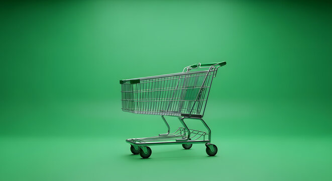 Shopping cart on green screen background for advertising purposes