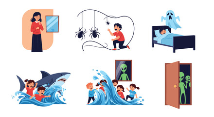 Fototapeta premium Group of children experiences various fears including scary spiders, a ghost in bed, sharks in water, and aliens.