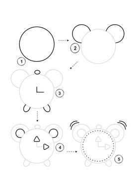 Step by step illustration for how to draw a clock activity for children isolated on transparent background
