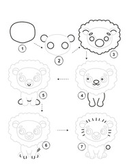 Step by step guide how to draw a cute lion isolated on transparent background © Anna
