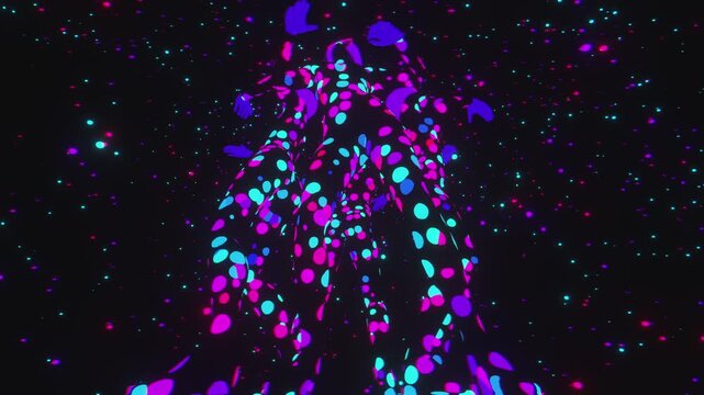 4K seamless violet-blue VJ loop with four dancing figures in star-patterned bodysuits and glowing helmets for VJ sets, high-tech club visuals, music festivals, stage screens, LED video walls