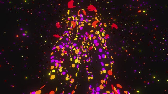 4K seamless lilac-orange VJ loop with four dancing figures in star-patterned bodysuits and glowing helmets for VJ sets, high-tech club visuals, music festivals, stage screens, LED video walls