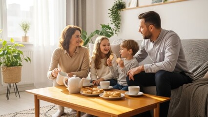 Fototapeta premium A warm family moment in a cozy living room with a coffee table