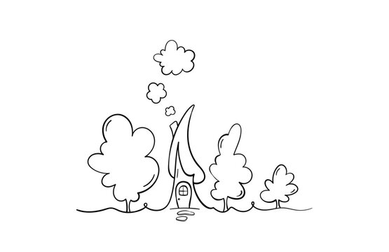 Cute hand-drawn line illustration of a whimsical fairy house with trees. Minimal doodle style, perfect for kids design, storybooks, invitations, logos, and cozy nature themes.