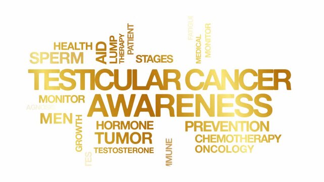 Testicular cancer awareness concept Animated Tag Word Cloud kinetic typography, Text Design Animation typography seamless loop video motion graphics Intro Wordart golden type on white background backd