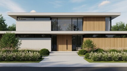 Fototapeta premium A modern two-story house with a flat roof, large windows, and wood paneling, surrounded by well-manicured landscaping and a concrete driveway