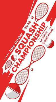 Squash Championship Poster Depicting Racquets and Balls Against Red and White Design