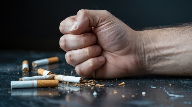 Person's fist smashing broken cigarettes and loose tobacco on a dark background, symbolizing quitting smoking.
