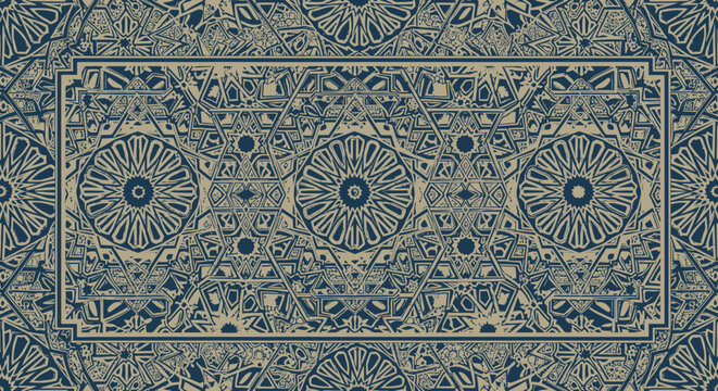 Intricate ornamental pattern with geometric and floral motifs in muted blue and beige tones, framed in a decorative border, reminiscent of traditional textile designs.