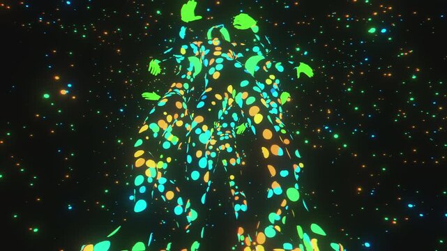 4K seamless turquoise and orange VJ loop with four dancing figures in star-patterned bodysuits and glowing helmets for VJ sets, high-tech club visuals, music festivals, stage screens, LED video walls