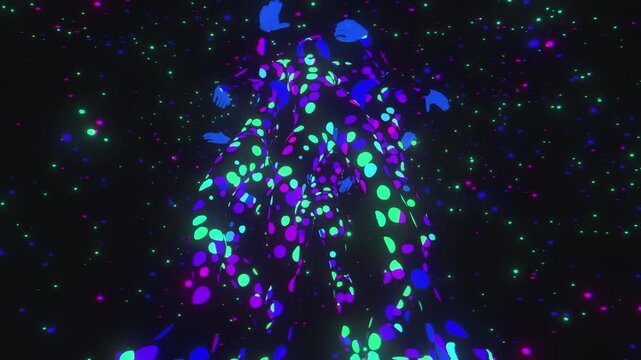 4K seamless purple-turquoise VJ loop with four dancing figures in star-patterned bodysuits and glowing helmets for VJ sets, high-tech club visuals, music festivals, stage screens, LED video walls