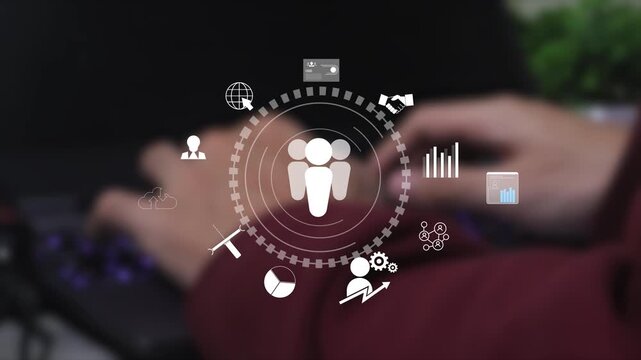 A concept of centralized business management and corporate strategy. A leadership team connecting to all functions like finance, operations, and planning.