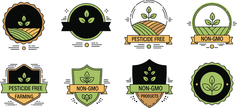 Organic farming badges set with pesticide free and non GMO labels eco agriculture certification vector illustration collection