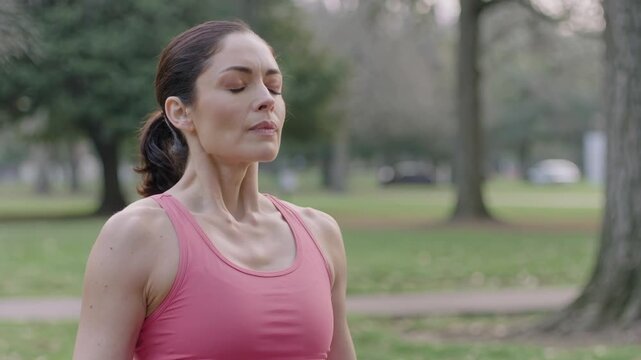 Anxious Woman Breathing Deep Outdoors, Finding Calm and Relaxation.