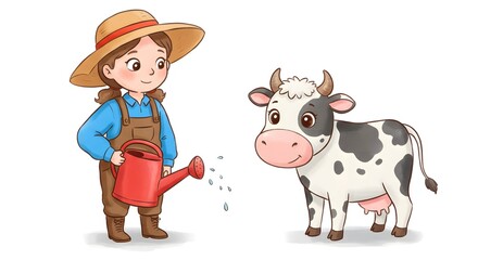 Fototapeta premium A young farmer watering a cow