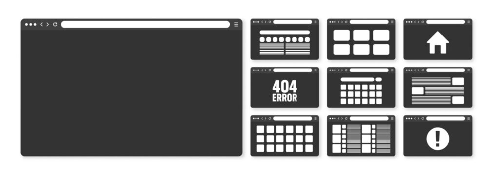 Web browser window, pages layout with toolbar and search field. Modern website, internet page in flat style. Browser mockup for computer, tablet and smartphone. Adaptive UI. Vector illustration