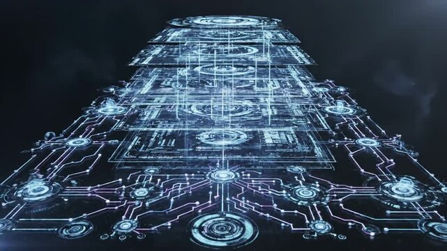 Technology AI agent workflow automation diagram with digital process flow chart and futuristic interface scene 4 distortion, overlay, glitch, static noise, scan lines on black background, 4k animated