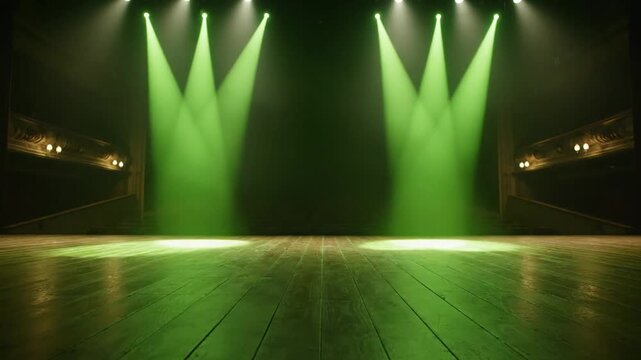 Green stage lights shining on empty theater.