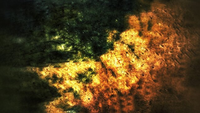 Abstract grunge texture background with organic green and yellow tones, featuring rough surface details, vintage distressed effect, and artistic color blend.